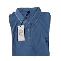 a folded blue shirt with a white tag